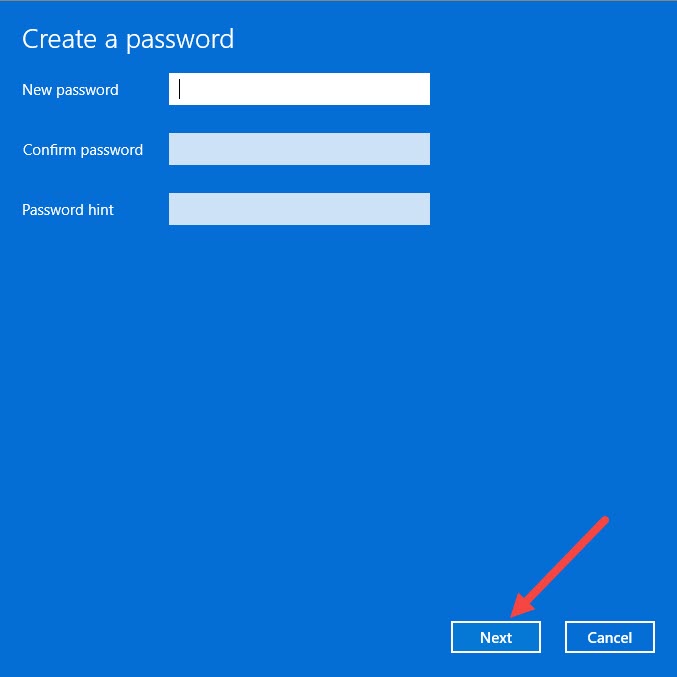 windows password setup screen